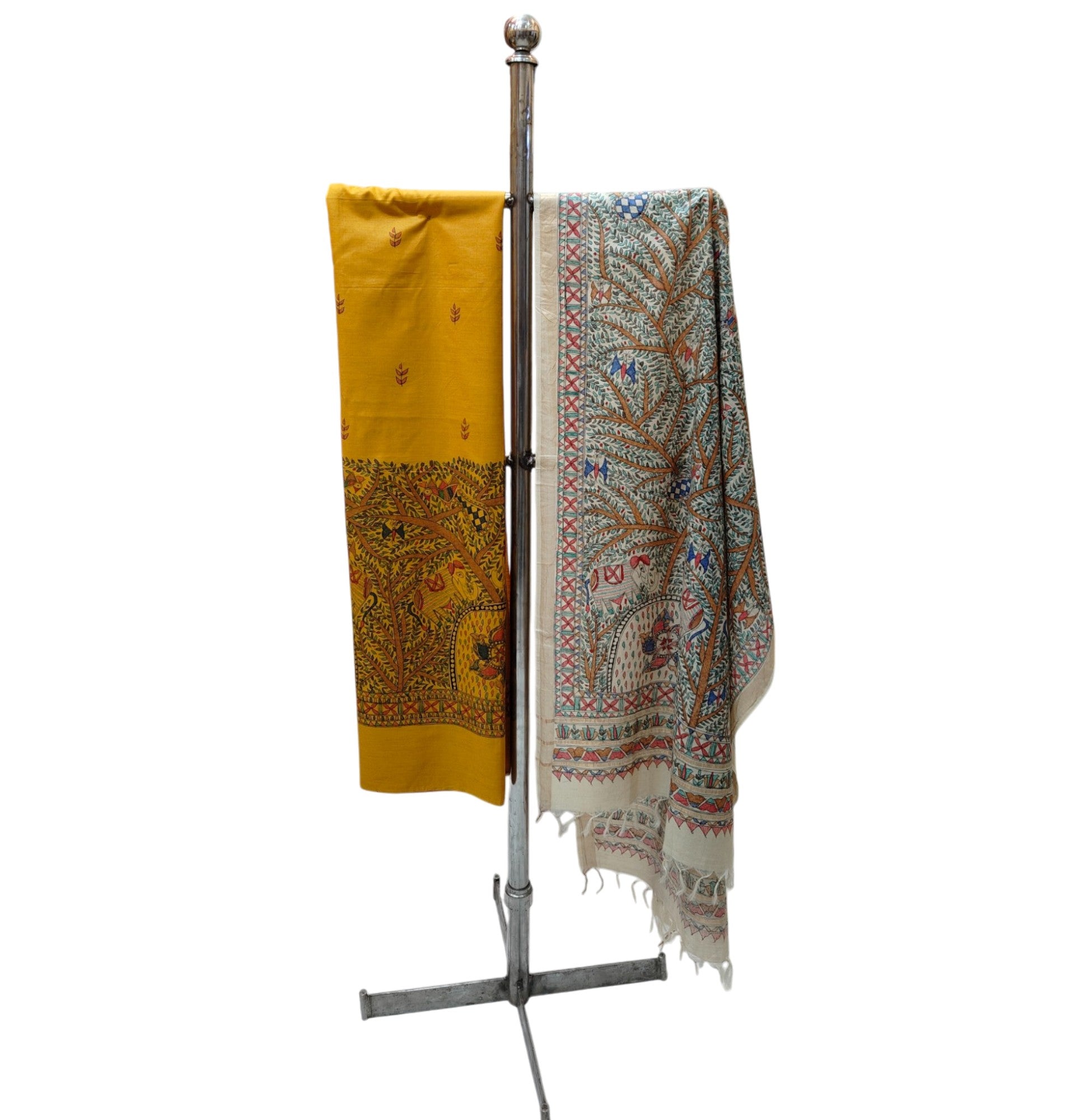 Hand-Painted Madhubani Unstitched Tussar Munga Silk Suit Set in Mustard and Natural Tussar – A Forest-Inspired Masterpiece